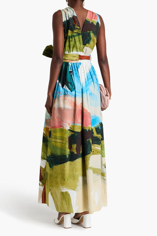 OSCAR DE LA RENTA BELTED PRINTED COTTON-POPLIN MAXI DRESS - Size 10