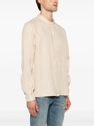 Brunello Cucinelli Linen Band-Collar Shirt in Sand
