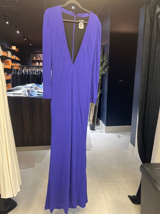 Tom Ford Crepe Deep V-Neck Long-Sleeve Purple Gown