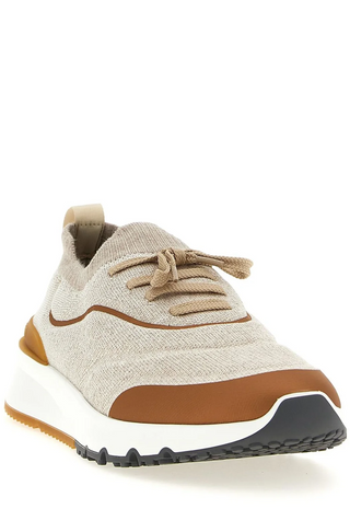 Brunello Cucinelli Logo Embossed Knitted Lace-Up Sneakers in Brown