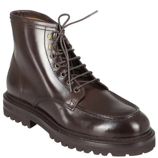 Brunello Cucinelli Polished Leather Moc-Toe Lace-Up Ankle Boots with Lug Sole