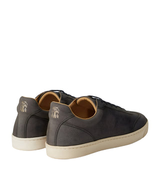 Brunello Cucinelli Pebbled Grey Leather Low-Top Sneakers with Contrast Sole