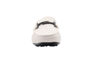 Tods White Grained Leather Gommino Driving Shoes with Black Buckle