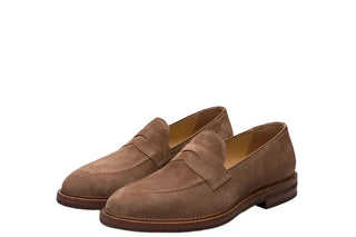 Brunello Cucinelli Suede Penny Loafers in Chestnut