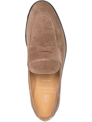 Brunello Cucinelli Suede Penny Loafers in Dark Beige