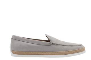 Tods Light Grey Suede Loafers with Raffia Sole