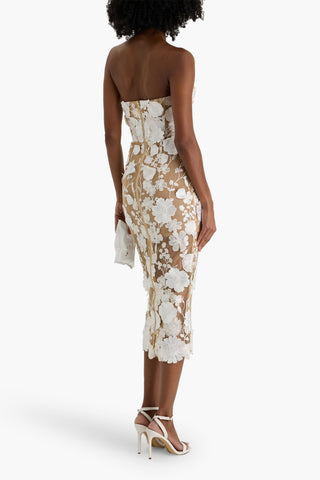 BRONX AND BANCO JASMINE STRAPLESS FLORAL-APPLIQUD TULLE MIDI DRESS - Size 8