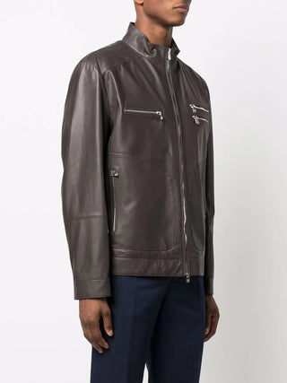 Brunello Cucinelli Leather Stand-Collar Bomber Jacket Brown