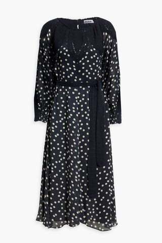 RIXO IRENE CROCHET-PANELED POLKA-DOT CREPE DE CHINE MIDI DRESS - Size 10