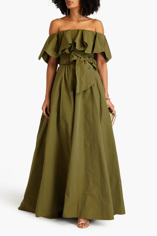 VALENTINO GARAVANI OFF-THE-SHOULDER RUFFLED COTTON-BLEND FAILLE GOWN - Size 40