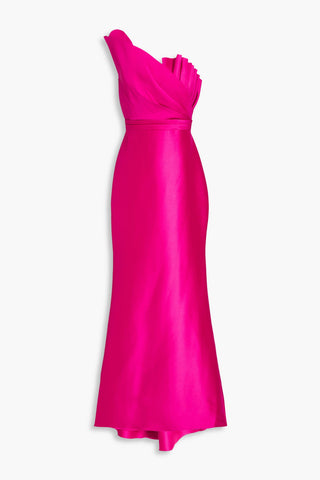 BADGLEY MISCHKA ONE-SHOULDER RUFFLED TWILL GOWN - Size 10