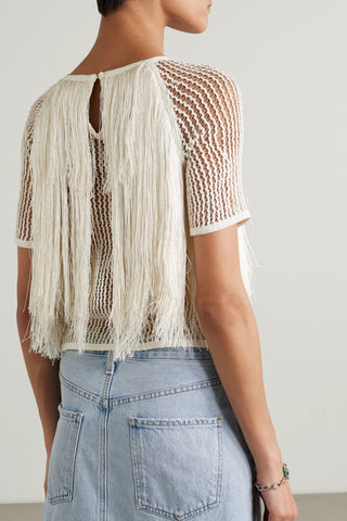 SEA PARI FRINGED OPEN-KNIT COTTON TOP - Size L