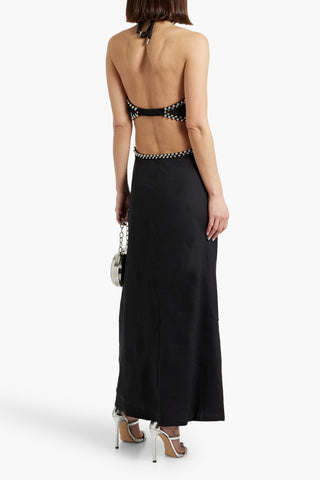 SIMKHAI BELLINA EMBELLISHED CUTOUT LINEN-BLEND HALTERNECK MAXI DRESS - Size L