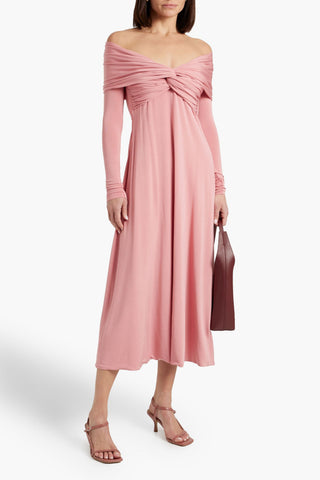 KHAITE CERNA OFF-THE-SHOULDER TWIST-FRONT JERSEY MIDI DRESS - Size S