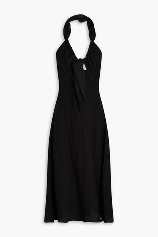 SANDRO KNOTTED CRINKLED-GAUZE HALTERNECK MIDI DRESS - Size 36