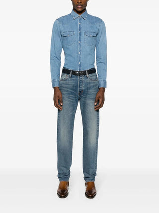 Tom Ford Twill Denim Western Shirt in Denim Blue