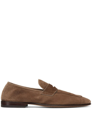 Brunello Cucinelli Suede Penny Loafers in Taupe