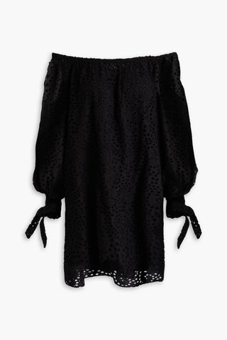 ALICE + OLIVIA OFF-THE-SHOULDER BRODERIE ANGLAISE COTTON MINI DRESS - Size S