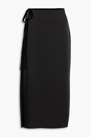VINCE WRAP-EFFECT VELVET-TRIMMED SATIN-CREPE MIDI SKIRT - Size 6