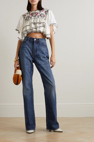 ISABEL MARANT SANA CROPPED TIERED EMBROIDERED CREPE DE CHINE BLOUSE - Size 40