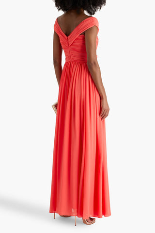 BADGLEY MISCHKA OFF-THE-SHOULDER PINTUCKED GEORGETTE GOWN - Size 6