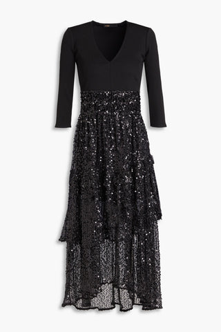 MAJE SEQUINED TIERED OPEN-KNIT AND STRETCH-JERSEY MIDI DRESS - Size 36