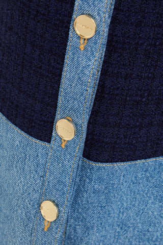 SANDRO DENIM-PANELED TWEED MINI SHIRT DRESS - Size 38