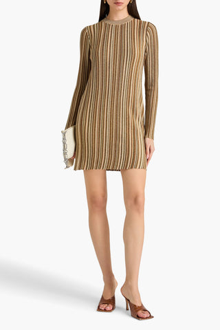 VERONICA BEARD JANE METALLIC STRIPED RIBBED-KNIT MINI DRESS - Size L
