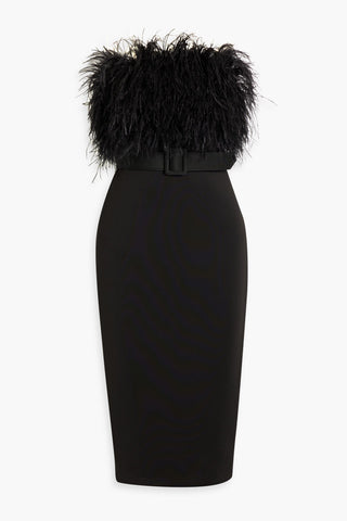 BADGLEY MISCHKA STRAPLESS FEATHER-EMBELLISHED SCUBA MIDI DRESS - Size 8