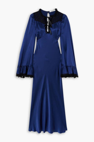 RODARTE BOW-DETAILED RUFFLED LACE-TRIMMED SILK-CHARMEUSE MIDI DRESS - Size 10