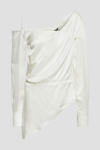 BALMAIN ASYMMETRIC WRAP-EFFECT DRAPED SILK-SATIN PEPLUM TOP - Size 34