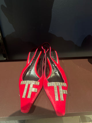 Tom Ford Suede Pointed-Toe Slingback Pumps with Crystal TF Logo