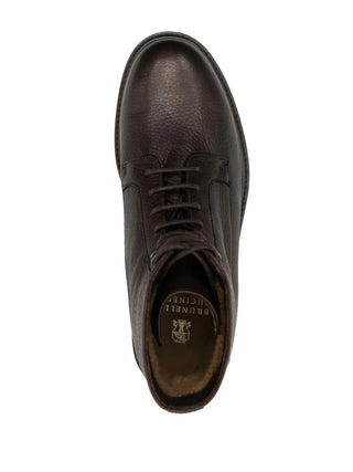 Brunello Cucinelli Pebbled Leather Lace-Up Ankle Boots with Lug Sole