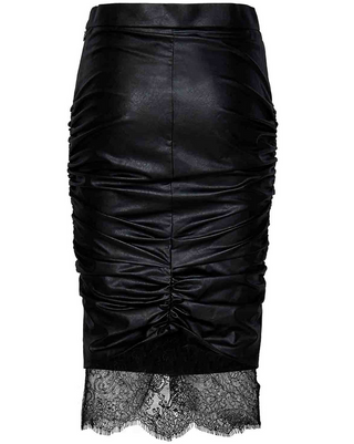 Tom Ford Faux Leather Ruched Pencil Skirt with Lace Trim