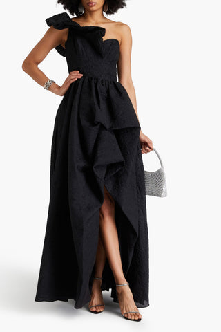 MARCHESA NOTTE ONE-SHOULDER RUFFLED CLOQU GOWN - Size 16