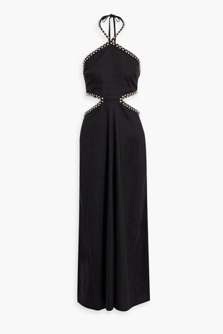 SIMKHAI BELLINA EMBELLISHED CUTOUT LINEN-BLEND HALTERNECK MAXI DRESS - Size L