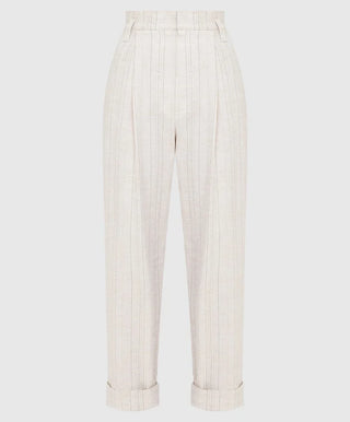 Brunello Cucinelli Linen Blend Pinstriped Pleated Cuffed Trousers