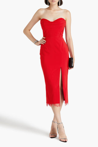 MARCHESA NOTTE STRAPLESS LACE-TRIMMED PLEATED CREPE MIDI DRESS - Size 8