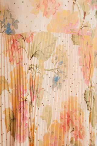 VALENTINO PLEATED FLORAL-PRINT GEORGETTE, LACE AND POINT D'ESPRIT MIDI DRESS - Size 36