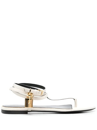 Tom Ford Leather Padlock Ankle Strap Thong Sandals White