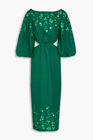 SALONI NEELA CUTOUT EMBROIDERED LINEN MIDI DRESS - Size 8