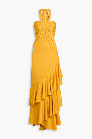 JOHANNA ORTIZ BALLADIST TIERED SATIN-JACQUARD HALTERNECK MAXI DRESS - Size 2