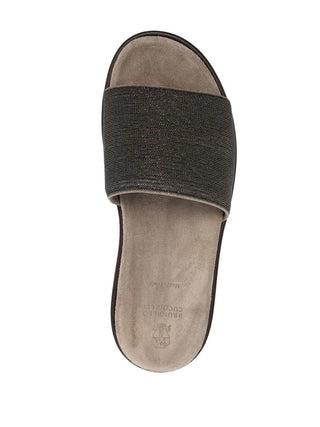 Brunello Cucinelli Monili-Embellished Open-Toe Platform Slides Dark Brown