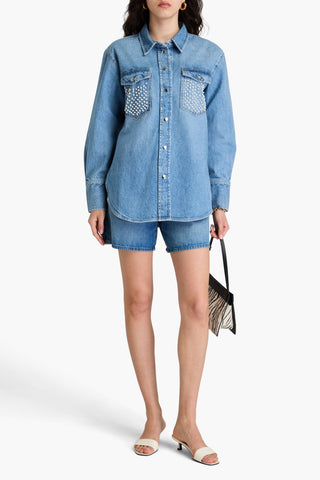 FRAME FAUX PEARL-EMBELLISHED DENIM SHIRT - Size L