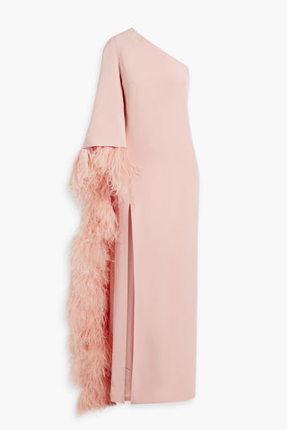 MONIQUE LHUILLIER ONE-SLEEVE FEATHER-EMBELLISHED CREPE GOWN - Size 6