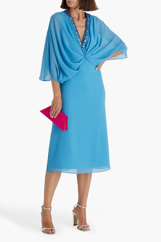 BADGLEY MISCHKA DRAPED EMBELLISHED CHIFFON MIDI DRESS - Size 10