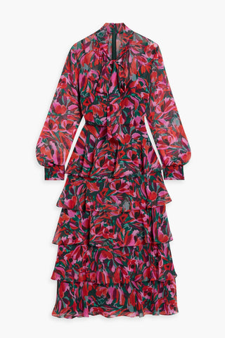 MIKAEL AGHAL TIERED FLORAL-PRINT CHIFFON MIDI DRESS - Size 12