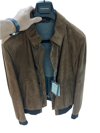 ZENGA Suede Collared Bomber Jacket Dark Brown