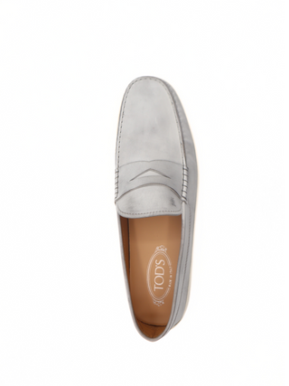 Tods Scuffed Light Blue-Grey Leather Penny Loafers