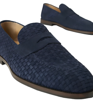 Brunello Cucinelli Woven Suede Penny Loafers In Deep Blue